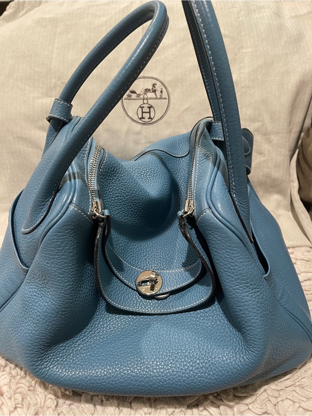 Hermes Blue Clemence Lindy Shoulder Bag